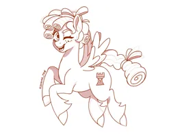 Size: 2048x1638 | Tagged: safe, artist:zendora, cozy glow, pegasus, pony, cutie mark, female, flying, freckles, image, mare, monochrome, older, older cozy glow, open mouth, png, simple background, sketch, smiling at you, solo, unshorn fetlocks, winking at you, wip