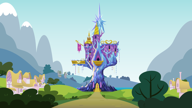 Size: 2079x1170 | Tagged: safe, artist:culu-bluebeaver, derpibooru import, castle, digital, digital art, houses, image, mountain, png, ponyville, scenery, tree, twilight's castle, vector, vector trace