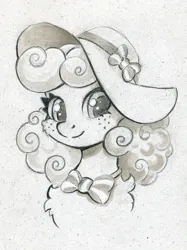Size: 747x1000 | Tagged: safe, artist:maytee, derpibooru import, carrot top, golden harvest, earth pony, pony, bowtie, bust, freckles, hat, image, jpeg, monochrome, pencil drawing, portrait, simple background, smiling, solo, sun hat, traditional art