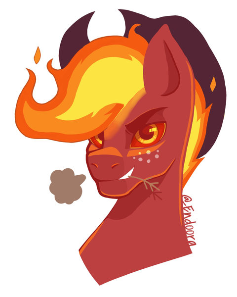 Size: 2000x2500 | Tagged: safe, artist:zendora, oc, oc:appleblaze, unofficial characters only, fire pony, pony, bust, cowboy hat, fire, fire breath, food, frown, hat, image, lidded eyes, male, mane of fire, png, simple background, smug, solo, stallion, wheat, white background