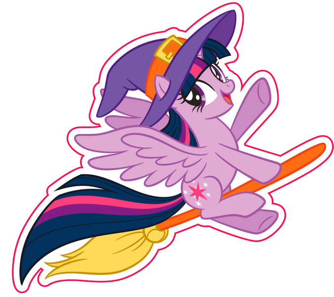 Size: 875x777 | Tagged: safe, derpibooru import, official, twilight sparkle, twilight sparkle (alicorn), alicorn, 2d, adorable face, broom, cute, flying, g4, hat, image, jpeg, looking at you, merchandise, simple background, smiling, smiling at you, solo, sticker, vector, waving, white background, witch, witch hat