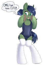 Size: 2000x3000 | Tagged: safe, artist:xcinnamon-twistx, derpibooru import, oc, oc:gray hat, unofficial characters only, earth pony, pony, clothes, dialogue, female, image, mare, one-piece swimsuit, png, simple background, solo, swimsuit, transparent background