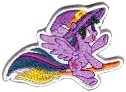 Size: 1018x742 | Tagged: safe, derpibooru import, official, twilight sparkle, twilight sparkle (alicorn), alicorn, 2d, broom, cute, flying, g4, hat, image, jpeg, looking at you, merchandise, patch, simple background, smiling, smiling at you, solo, waving, white background, witch, witch hat