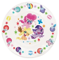 Size: 1541x1564 | Tagged: safe, derpibooru import, official, applejack, pinkie pie, twilight sparkle, twilight sparkle (alicorn), alicorn, butterfly, earth pony, insect, my little pony: pony life, 2d, bottle, cutie mark, eyes closed, g4, hat, image, jpeg, laughing, merchandise, plate, pointing, potion, smiling, sparkle
