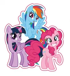Size: 477x524 | Tagged: safe, derpibooru import, official, pinkie pie, rainbow dash, twilight sparkle, twilight sparkle (alicorn), alicorn, earth pony, pegasus, 2d, flying, g4, happy, image, jpeg, looking at you, merchandise, patch, raised hoof, simple background, smiling, smiling at you, sticker, white background