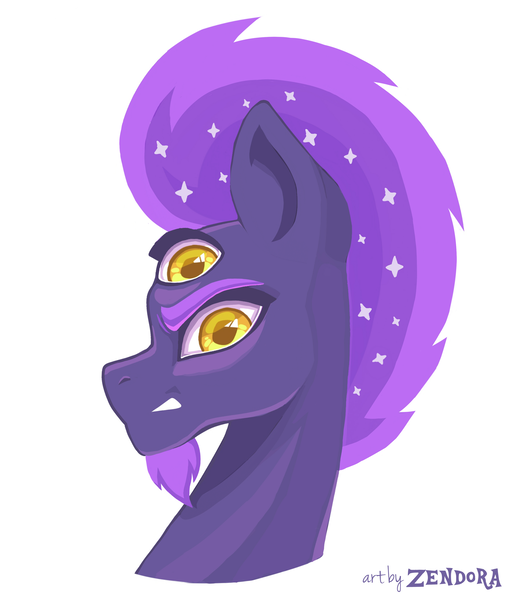 Size: 3000x3500 | Tagged: safe, artist:zendora, oc, oc:nocturne comet, unofficial characters only, earth pony, pony, beard, bust, earth pony oc, ethereal mane, facial hair, frown, gritted teeth, image, looking at you, male, png, portrait, profile, simple background, solo, stallion, starry mane, third eye, three eyes, triclops, white background