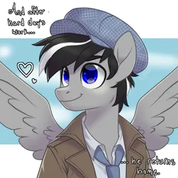 Size: 1023x1023 | Tagged: safe, artist:horsesarenaked, derpibooru import, oc, oc:chopsticks, unofficial characters only, anthro, pegasus, pony, clothes, gift art, hat, heart, image, jacket, male, necktie, png, solo, spread wings, stallion, text, wings