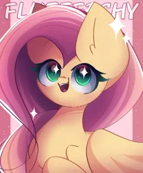 Size: 2150x2600 | Tagged: safe, artist:miryelis, derpibooru import, fluttershy, pegasus, pony, big ears, commission, cute, female, image, mare, pink background, png, shyabetes, signature, simple background, smiling, solo, text, wings