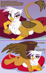 Size: 2000x3141 | Tagged: safe, ai content, artist:rupert, derpibooru import, machine learning assisted, machine learning generated, stable diffusion, gilda, gryphon, series:ask white belly gilda, ask, cushion, cute, dialogue, female, g4, generator:pony diffusion v6 xl, gildadorable, heart, image, implied manehattan, inviting, jpeg, lidded eyes, lying down, pale belly, plump, prompter:rupert, prone, show accurate, solo, tumblr, white belly