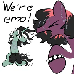 Size: 2048x2048 | Tagged: safe, artist:captainzigo, derpibooru import, oc, unofficial characters only, earth pony, pony, unicorn, bracelet, clothes, duo, emo, glasses, image, jpeg, meme, socks, spiked wristband, we're emo, wristband