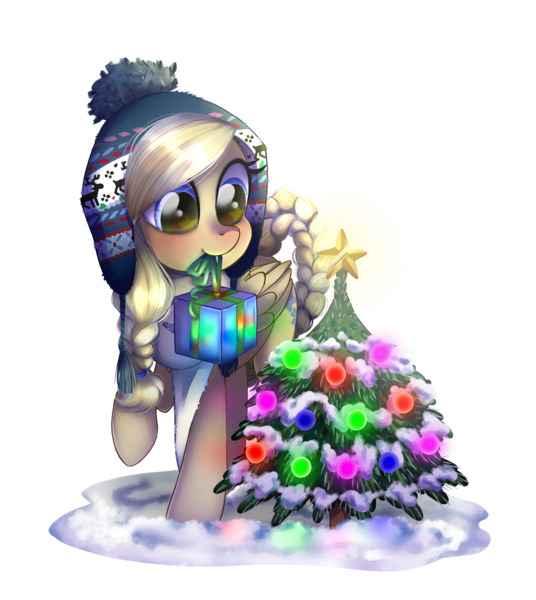 Size: 1350x1510 | Tagged: safe, artist:toxiccolour, derpibooru import, oc, oc:cornflower meadow, unofficial characters only, pegasus, pony, blushing, christmas, christmas lights, christmas tree, clothes, cute, female, hat, holiday, image, mare, mouth hold, png, present, raised hoof, scarf, snow, solo, tree