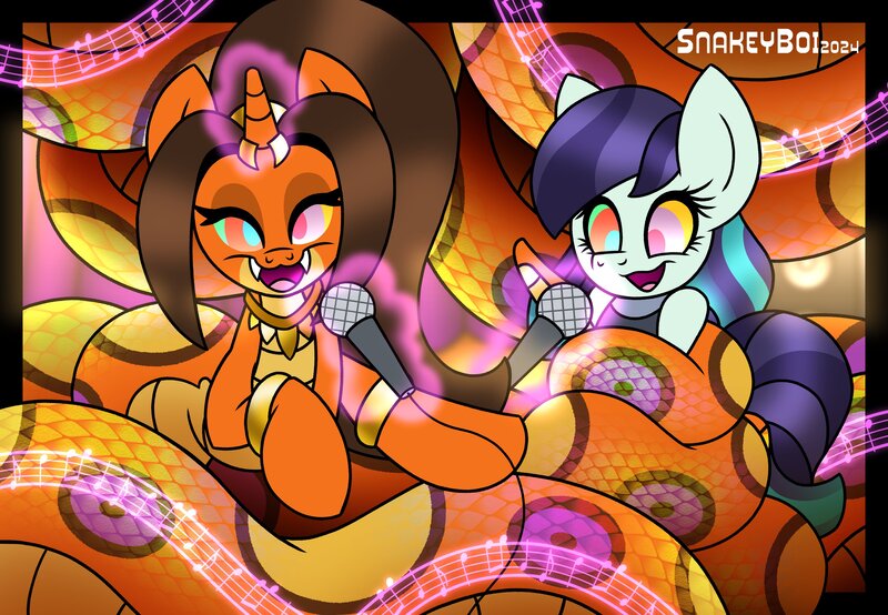 Size: 3900x2700 | Tagged: questionable, artist:snakeythingy, derpibooru import, coloratura, oc, oc:lumo, lamia, original species, snake, snake pony, bondage, coiling, coils, commission, hypnosis, image, jpeg, looking at you, music