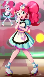 Size: 1934x3334 | Tagged: safe, artist:the-butch-x, derpibooru import, pinkie pie, coinky-dink world, eqg summertime shorts, equestria girls, alternate hairstyle, apron, clothes, coat markings, cute, diapinkes, dress, female, g4, hat, image, open mouth, png, ponytail, roller skates, screencap reference, skates, socks (coat marking), solo, waitress