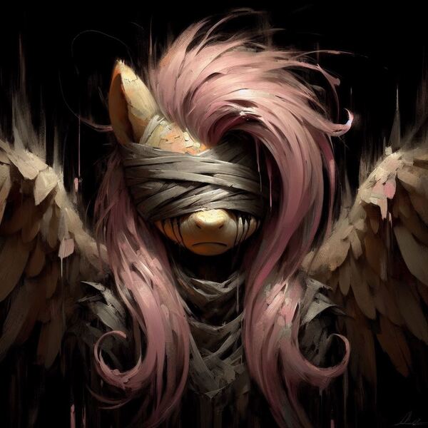 Size: 1024x1024 | Tagged: semi-grimdark, ai content, derpibooru import, machine learning generated, prompter:enterusxrname, fluttershy, pegasus, pony, bandage, clothes, crying, female, frown, g4, generator:bing image creator, image, jpeg, solo