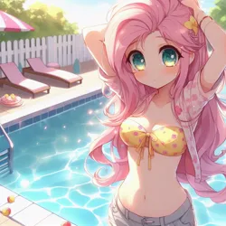 Size: 1024x1024 | Tagged: safe, ai content, derpibooru import, machine learning generated, fluttershy, human, adorasexy, anime, arm behind head, belly button, bikini, bikini top, blushing, breasts, cleavage, clothes, cute, denim, denim shorts, female, flower, flower in hair, g4, generator:bing image creator, generator:dall-e 3, humanized, image, jpeg, looking at you, outdoors, sexy, shorts, shyabetes, smiling, smiling at you, solo, strapless bikini, stupid sexy fluttershy, swimming pool, swimsuit