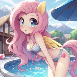 Size: 1024x1024 | Tagged: safe, ai content, derpibooru import, machine learning generated, fluttershy, human, adorasexy, anime, bikini, blushing, breasts, cleavage, clothes, cute, eared humanization, female, g4, generator:bing image creator, generator:dall-e 3, humanized, image, jpeg, leaning, looking at you, outdoors, sexy, shyabetes, solo, stupid sexy fluttershy, swimming pool, swimsuit, tail, tailed humanization, umbrella, winged humanization, wings, wrong eye color