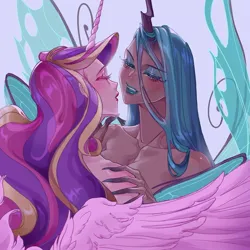 Size: 2048x2048 | Tagged: safe, artist:luverihu, derpibooru import, princess cadance, queen chrysalis, human, blushing, breasts, cleavage, duo, duo female, eyes closed, eyeshadow, female, g4, horn, horned humanization, humanized, image, infidelity, jpeg, lesbian, lidded eyes, lipstick, makeup, ship:cadalis, shipping, winged humanization, wings