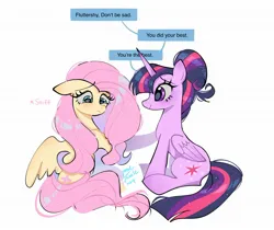 Size: 2048x1723 | Tagged: safe, artist:petaltwinkle, derpibooru import, fluttershy, twilight sparkle, twilight sparkle (alicorn), alicorn, pegasus, pony, alternate hairstyle, blushing, comforting, crying, cute, dialogue, duo, ear blush, female, floppy ears, folded wings, g4, hair bun, horn, image, jpeg, looking at someone, looking down, mare, partially open wings, sad, shyabetes, signature, simple background, sitting, smiling, speech bubble, text, twiabetes, white background, wholesome, wings