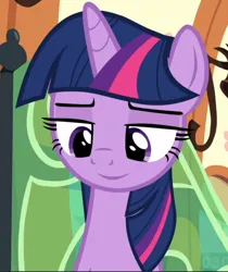 Size: 692x822 | Tagged: safe, derpibooru import, edit, edited screencap, editor:twilyisbestpone, screencap, twilight sparkle, twilight sparkle (alicorn), alicorn, pony, season 8, surf and/or turf, spoiler:s08, amused, cropped, female, g4, image, inverted mouth, mare, png, smiling, solo, train, twilight is amused