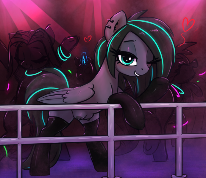 Size: 3000x2600 | Tagged: questionable, artist:t72b, derpibooru import, oc, oc:lumishade, pegasus, pony, background pony, bedroom eyes, blushing, clothes, club, crotchboobs, dance floor, dancing, ear piercing, evening gloves, female, folded wings, gloves, glow, glowstick, heart, image, latex, latex gloves, latex stockings, leaning, long gloves, looking at you, mare, nudity, one eye closed, piercing, png, raised tail, rave, smiling, smiling at you, solo focus, spread legs, spreading, stockings, tail, teats, thigh highs, wings, wink, winking at you