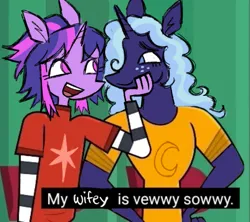 Size: 815x725 | Tagged: safe, artist:webkinzworldz, derpibooru import, princess luna, twilight sparkle, anthro, unicorn, disventure camp, duo, female, holding head, image, lesbian, looking at each other, looking at someone, meme, png, redraw, ship:twiluna