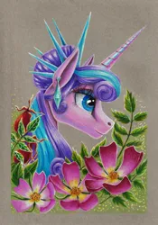 Size: 4874x6980 | Tagged: safe, artist:cahandariella, derpibooru import, princess flurry heart, alicorn, bust, colored pencil drawing, crown, ear piercing, earring, flower, fruit, image, jewelry, jpeg, leaves, older, older flurry heart, piercing, portrait, regalia, simple background, solo, traditional art