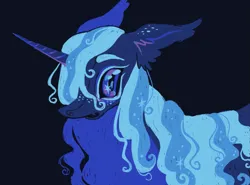 Size: 1391x1031 | Tagged: safe, artist:webkinzworldz, derpibooru import, princess luna, alicorn, pony, alternate design, alternate hairstyle, black background, ethereal mane, freckles, hair over one eye, image, png, simple background, solo, starry eyes, starry mane, wingding eyes