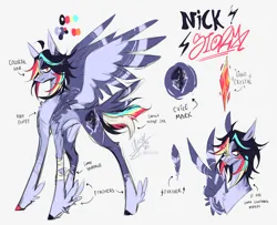 Size: 4968x4037 | Tagged: safe, artist:iheyyasyfox, derpibooru import, oc, oc:nick storm, unofficial characters only, pegasus, pony, absurd resolution, bandage, bandaged leg, bandaid, bandaid on nose, coat markings, concave belly, eye clipping through hair, feathered fetlocks, image, long legs, male, offspring, parent:rainbow dash, parent:soarin', parents:soarindash, png, reference sheet, simple background, slender, solo, spread wings, stallion, thin, white background, wings