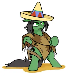 Size: 695x781 | Tagged: safe, artist:jargon scott, derpibooru import, oc, oc:anon-mare, unofficial characters only, earth pony, pony, bipedal, clothes, female, floppy ears, gun, handgun, hat, holster, image, mare, png, poncho, revolver, simple background, solo, weapon, white background