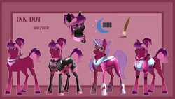 Size: 2048x1165 | Tagged: safe, artist:parrpitched, derpibooru import, oc, oc:ink dot(fireverse), earth pony, pony, clothes, cosplay, costume, fireheart76's latex suit design, gloves, image, jpeg, latex, latex boots, latex gloves, latex suit, prisoners of the moon, pronouns, reference sheet, rubber, rubber boots, rubber suit