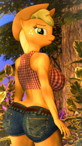 Size: 2160x3840 | Tagged: suggestive, artist:korizen, derpibooru import, applejack, anthro, earth pony, 3d, belt, booty shorts, breasts, clothes, cowboy hat, denim, denim shorts, forest, hat, image, jeans, large butt, looking at you, looking back, nature, pants, plaid shirt, png, shirt, shorts, sideboob, source filmmaker, stars, sunset, tree