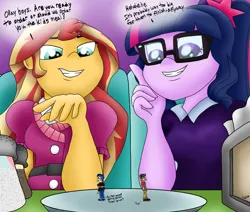 Size: 3239x2751 | Tagged: safe, derpibooru import, flash sentry, sci-twi, sunset shimmer, timber spruce, twilight sparkle, equestria girls, female, giantess, image, larger female, macro, male, png, shrinking, size difference, smaller male