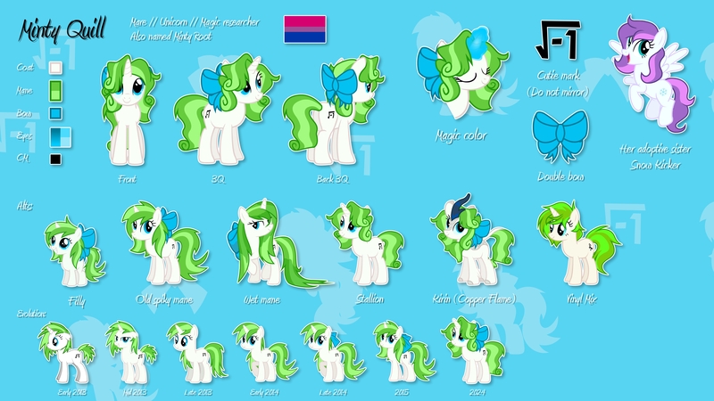 Size: 7680x4320 | Tagged: safe, alternate version, artist:minty root, derpibooru import, oc, oc:minty root, oc:snow kicker, oc:vinyl mix, kirin, pegasus, pony, unicorn, absurd resolution, alternate hairstyle, bisexual pride flag, bow, curly hair, curly mane, female, filly, foal, hair bow, image, jpeg, magic, magic aura, male, mare, pride, pride flag, reference sheet, show accurate, stallion, wet, wet mane