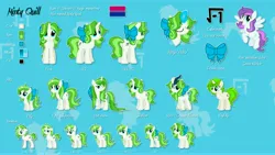 Size: 7680x4320 | Tagged: safe, alternate version, artist:minty root, derpibooru import, oc, oc:minty root, oc:snow kicker, oc:vinyl mix, kirin, pegasus, pony, unicorn, absurd resolution, alternate hairstyle, bisexual pride flag, bow, curly hair, curly mane, female, filly, foal, hair bow, image, jpeg, magic, magic aura, male, mare, pride, pride flag, reference sheet, show accurate, stallion, wet, wet mane