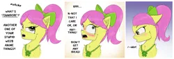 Size: 2850x971 | Tagged: safe, artist:chopsticks, derpibooru import, posey (g5), earth pony, pony, g5, adoraposey, angry, blushing, bow, cheek fluff, cute, denial, dialogue, ear fluff, female, floppy ears, hair bow, image, jewelry, looking at you, looking away, madorable, mare, necklace, offscreen character, open mouth, png, ponytail, posey bloom is not amused, solo, talking to viewer, text, tsundeposey, tsundere, unamused