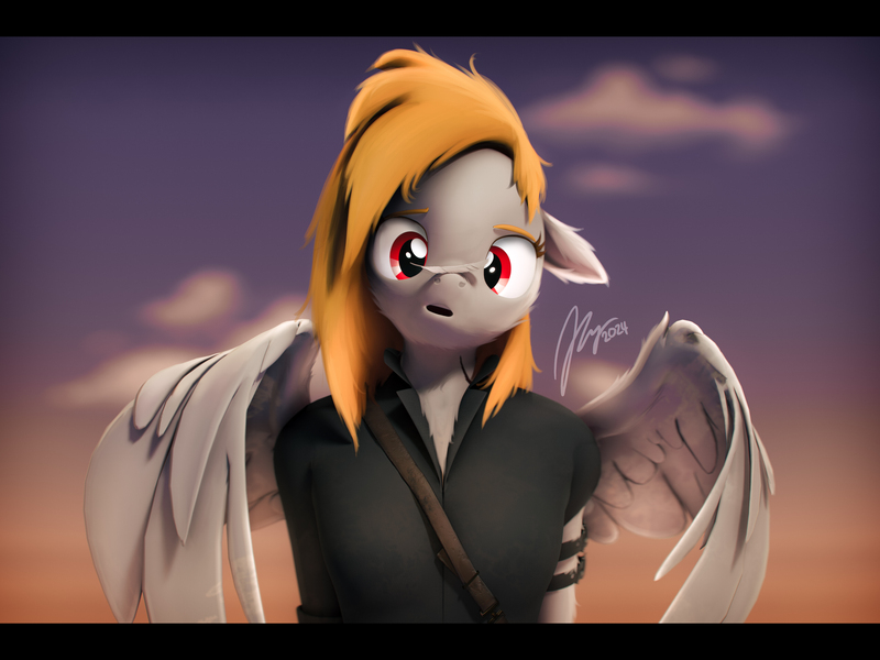 Size: 7200x5400 | Tagged: safe, artist:imafutureguitarhero, derpibooru import, oc, oc:blazen trail, unofficial characters only, anthro, pegasus, pony, 3d, :o, absurd resolution, arm fluff, black bars, bust, cheek fluff, chest fluff, chromatic aberration, clothes, cloud, colored eyebrows, colored eyelashes, commission, cross-eyed, cute, daaaaaaaaaaaw, ear fluff, feather, female, film grain, floppy ears, fluffy, fluffy hair, fluffy mane, fur, g4, gradient background, image, jpeg, mare, neck fluff, nose wrinkle, ocbetes, one ear down, open mouth, paintover, partially open wings, pegasus oc, pre sneeze, revamped anthros, revamped ponies, scar, shirt, signature, sky, solo, source filmmaker, straps, this will end in sneezing, wall of tags, wing fluff, wings, ych result