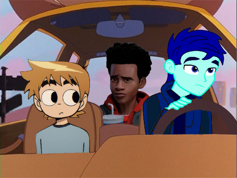 Size: 900x675 | Tagged: safe, artist:robertsonskywa1, derpibooru import, oc, oc:starshadow skystalker, equestria girls, car, crossover, driving, goofy movie meme, image, male, marvel, meme, miles morales, photo, png, scott pilgrim, scott pilgrim takes off, spider-man, spider-man: into the spider-verse