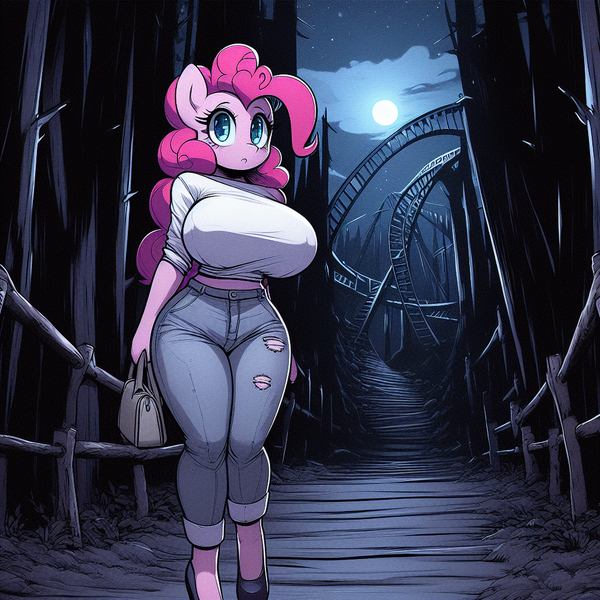 Size: 1024x1024 | Tagged: safe, ai content, derpibooru import, machine learning generated, pinkie pie, anthro, adorasexy, big breasts, breasts, busty pinkie pie, clothes, curvy, cute, denim, female, fence, forest, hourglass figure, huge breasts, image, jeans, moon, nature, night, pants, path, png, prompter:horselover fat, purse, ripped jeans, ripped pants, sexy, solo, spooky, tight clothing, torn clothes, tree, walking, white shirt, wide hips