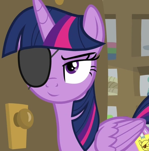 Size: 1067x1080 | Tagged: safe, derpibooru import, edit, edited screencap, editor:twilyisbestpone, screencap, twilight sparkle, twilight sparkle (alicorn), alicorn, pony, friendship university, season 8, spoiler:s08, disguise, eyepatch, eyepatch (disguise), fake cutie mark, female, g4, image, inverted mouth, jpeg, mare, paper-thin disguise, smiling, solo