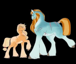 Size: 1300x1100 | Tagged: safe, artist:lesghostie, derpibooru import, applejack, rockhoof, earth pony, pony, black background, female, hatless, height difference, image, jpeg, larger male, looking at each other, looking at someone, looking up, male, mare, missing accessory, raised hoof, rockjack, scar, shipping, signature, simple background, smaller female, stallion, straight, unshorn fetlocks