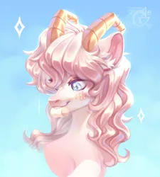 Size: 1800x2000 | Tagged: safe, artist:ryusya, derpibooru import, oc, pony, blue background, candy, curly hair, curly mane, ear fluff, food, horns, image, marshmallow, png, simple background, solo, sweets