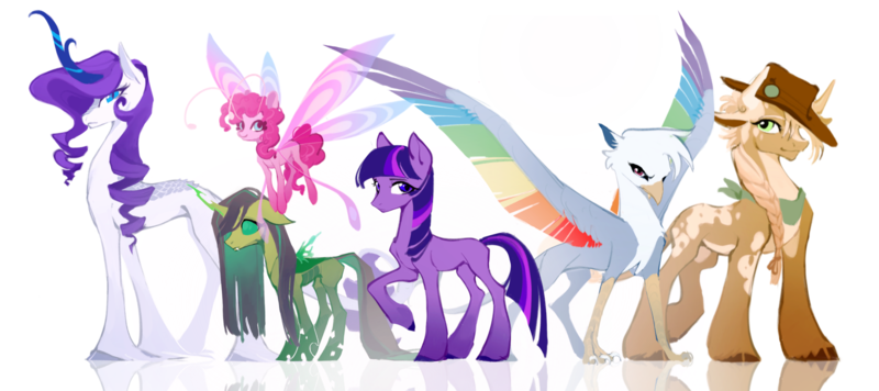 Size: 2775x1236 | Tagged: safe, artist:nightheart2647, artist:nightheartyexin, derpibooru import, applejack, fluttershy, pinkie pie, rainbow dash, rarity, twilight sparkle, breezie, changeling, cow, earth pony, fairy, gryphon, kelpie, kirin, pony, alternate design, alternate universe, earth pony twilight, group, image, line-up, mane six, png, race swap, redesign, reflection, simple background, species swap, twitterina design, white background