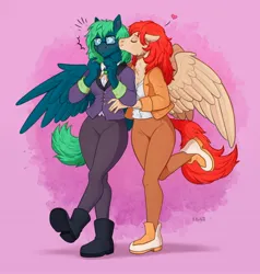 Size: 1946x2048 | Tagged: safe, artist:birdoffnorth, derpibooru import, oc, oc:emerald, oc:firefly, unofficial characters only, anthro, pegasus, plantigrade anthro, breasts, cheek fluff, cleavage, commission, duo, duo female, emanata, eyes closed, female, floppy ears, flustered, glasses, image, jpeg, kiss on the cheek, kissing, lesbian, neck fluff, oc x oc, pink background, shipping, simple background