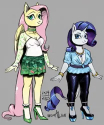 Size: 800x960 | Tagged: safe, artist:anomalain, derpibooru import, fluttershy, rarity, anthro, pegasus, plantigrade anthro, pony, unicorn, bracelet, breasts, choker, cleavage, clothes, duo, duo female, female, height difference, high heels, image, jewelry, jpeg, leonine tail, mare, necklace, shoes, signature, skirt, smiling, tail, tallershy