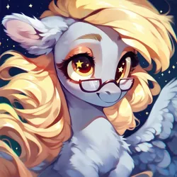Size: 1024x1024 | Tagged: safe, ai content, derpibooru import, machine learning assisted, machine learning generated, stable diffusion, derpy hooves, pegasus, pony, beautiful, cute, derp, ear fluff, fluffy, g4, generator:purplesmart.ai, glasses, image, jpeg, prompter:saltyvity, simple background, smiley face, smiling, solo, sparkles, stars, yellow eyes, yellow mane