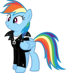 Size: 1600x1764 | Tagged: safe, artist:iamaveryrealperson, derpibooru import, edit, vector edit, rainbow dash, pegasus, pony, 2021, clothes, female, folded wings, g4, image, jacket, leather, leather jacket, looking at someone, looking at something, mare, ms paint, png, simple background, smiling, solo, transparent background, vector, wings