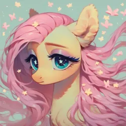 Size: 1024x1024 | Tagged: safe, ai content, derpibooru import, machine learning assisted, machine learning generated, stable diffusion, fluttershy, pegasus, pony, beautiful, cute, cute face, ear fluff, flower, flower in hair, fluffy, generator:purplesmart.ai, green eyes, image, jpeg, long hair, pink mane, prompter:saltyvity, shy, simple background, solo, starry eyes, stars, wingding eyes