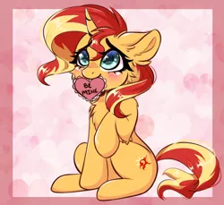 Size: 3500x3206 | Tagged: safe, artist:in4ri_, derpibooru import, sunset shimmer, pony, unicorn, blushing, commissioner:sojournsunrise, cute, heart, holiday, image, looking up, mouth hold, png, raised hoof, shimmerbetes, sitting, smiling, solo, valentine, valentine's day