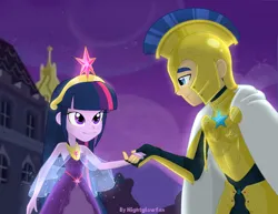 Size: 750x579 | Tagged: safe, artist:nightglowfan, derpibooru import, flash sentry, twilight sparkle, human, equestria girls, armor, clothes, crown, dress, female, flashlight, image, jewelry, jpeg, looking at each other, looking at someone, male, regalia, royal guard, shipping, smiling, smiling at each other, straight