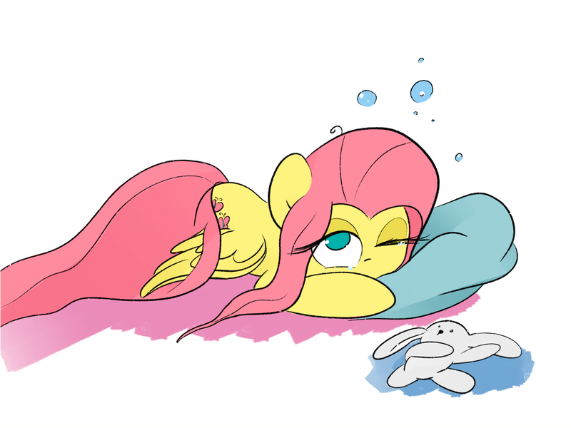 Size: 4000x3000 | Tagged: safe, artist:widelake, derpibooru import, fluttershy, female, halo, image, one eye closed, pillow, png, simple background, sleepy, solo, solo female, teary eyes, white background